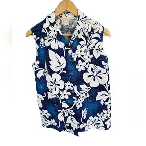 Vintage 1960s Royal Hawaiian Women's Tiki Floral Sleeveless Top SZ 14 Blue White